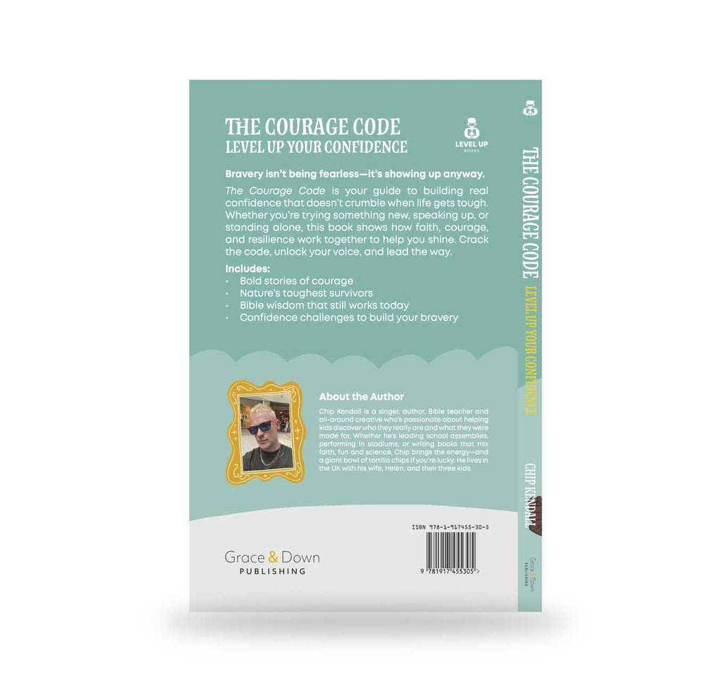 Back cover of a book titled 'The Courage Code' with text and a photo of a man on a light green background.