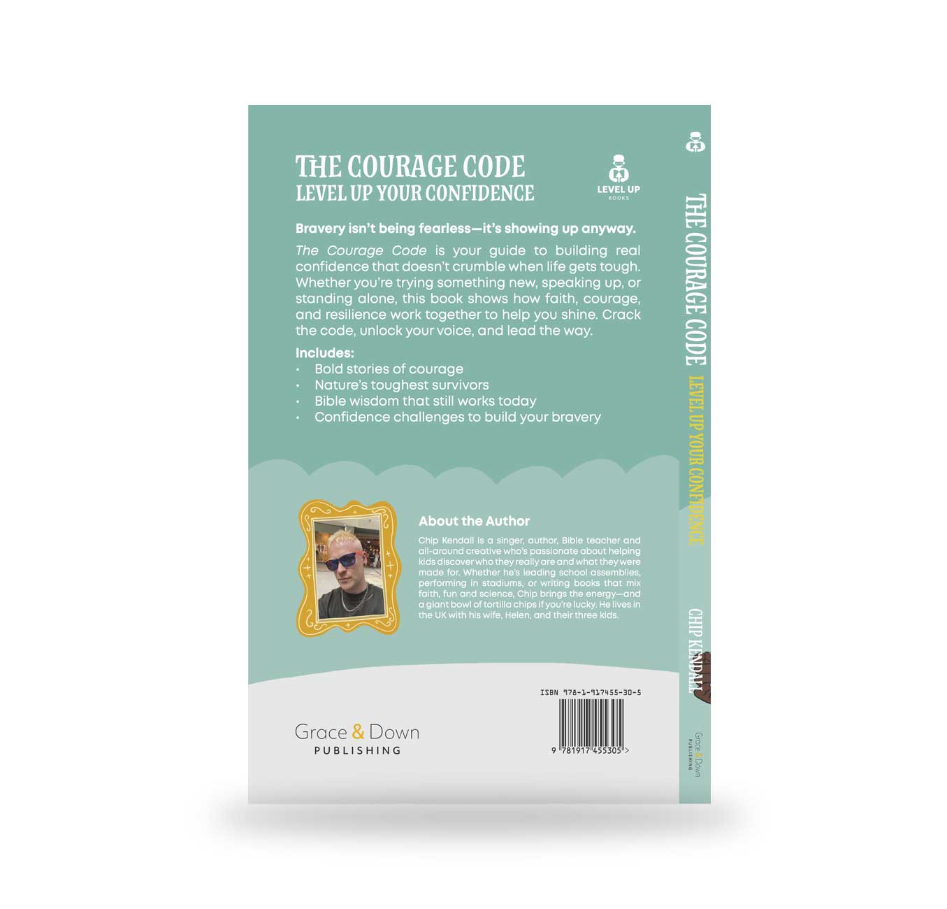 Back cover of a book titled 'The Courage Code' with text and a photo of a man on a light green background.