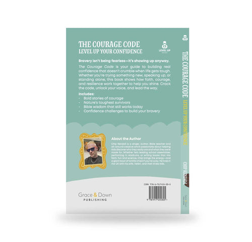 Back cover of a book titled 'The Courage Code' with text and a photo of a man on a light green background.