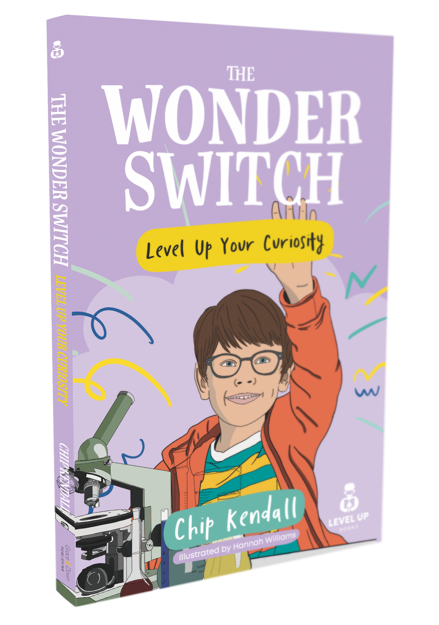 Book cover of 'The Wonder Switch' with a child raising their hand and a microscope on a purple background.