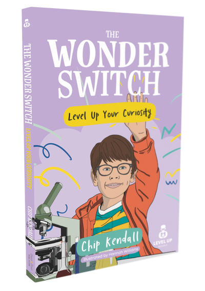 Book cover of 'The Wonder Switch' with a child raising their hand and a microscope on a purple background.