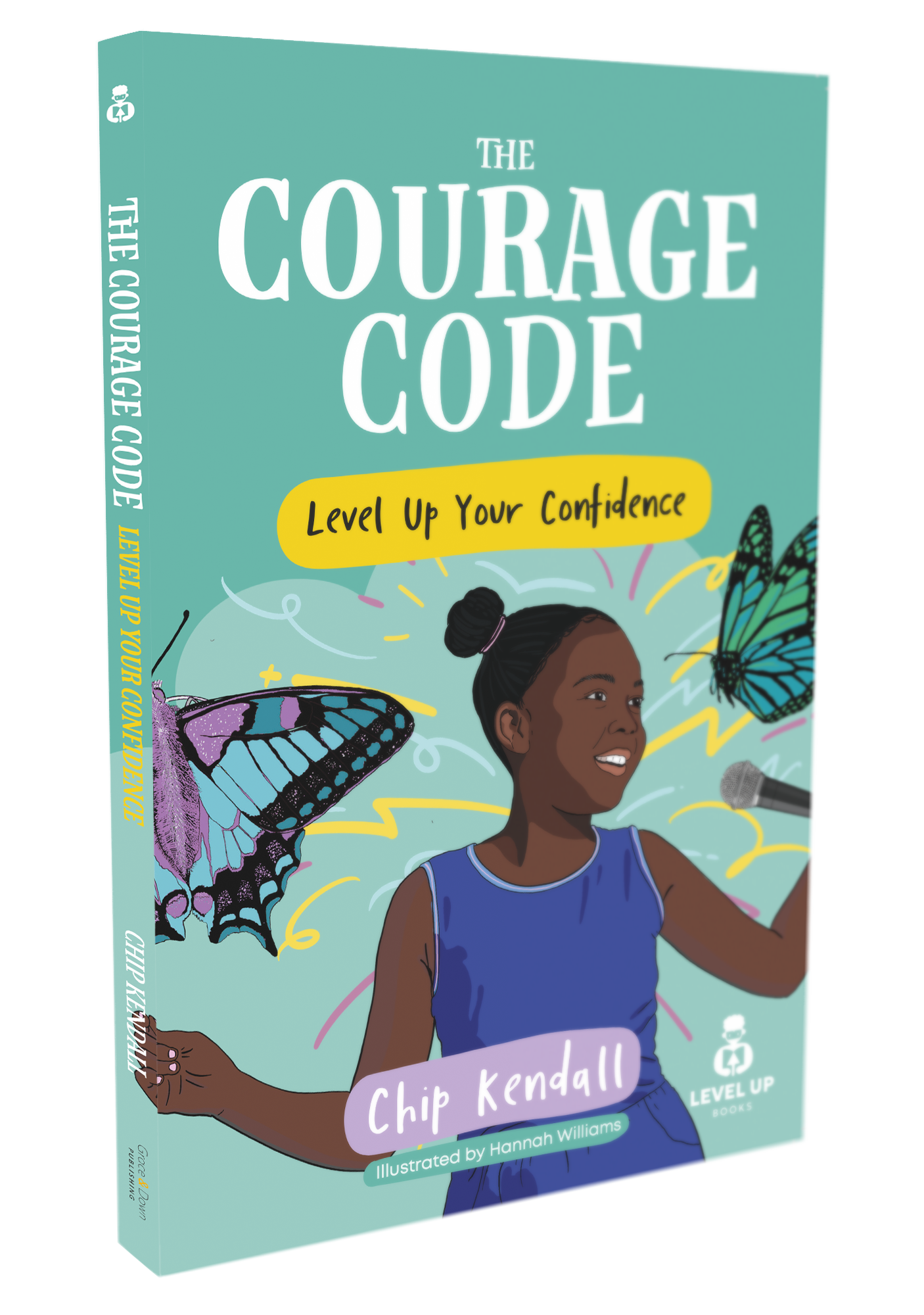 Book titled 'The Courage Code' with a colorful cover featuring a woman and butterflies on a teal background.