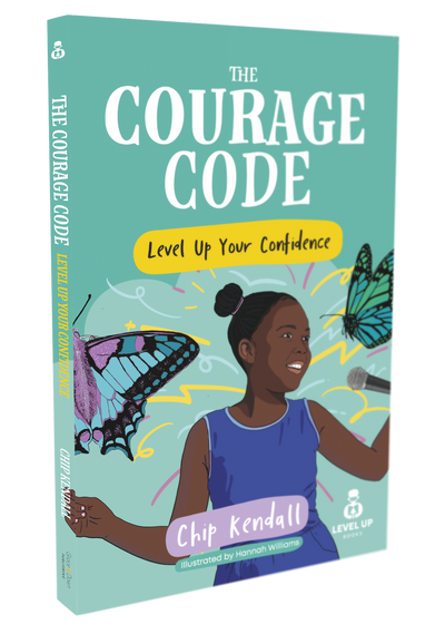 Book titled 'The Courage Code' with a colorful cover featuring a woman and butterflies on a teal background.