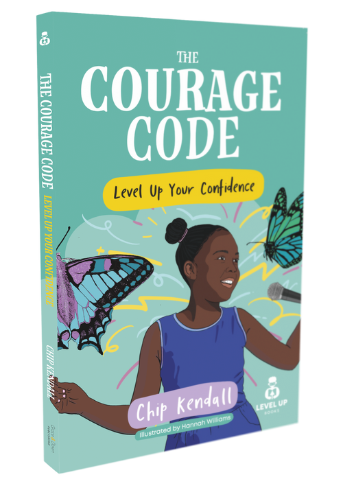 Book titled 'The Courage Code' with a colorful cover featuring a woman and butterflies on a teal background.